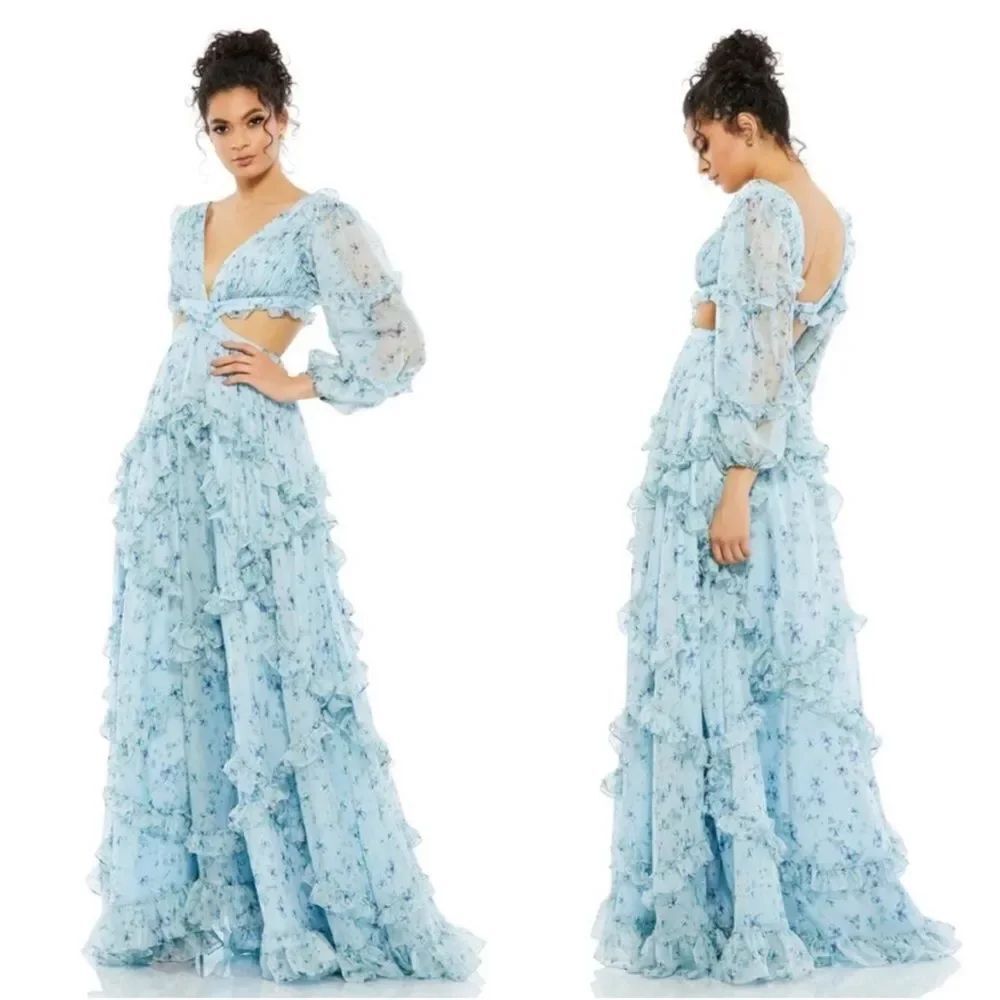 Mac Duggal 67949 A-Line Chiffon Floral Ruffle Dress Size 6 NWT Powder Blue